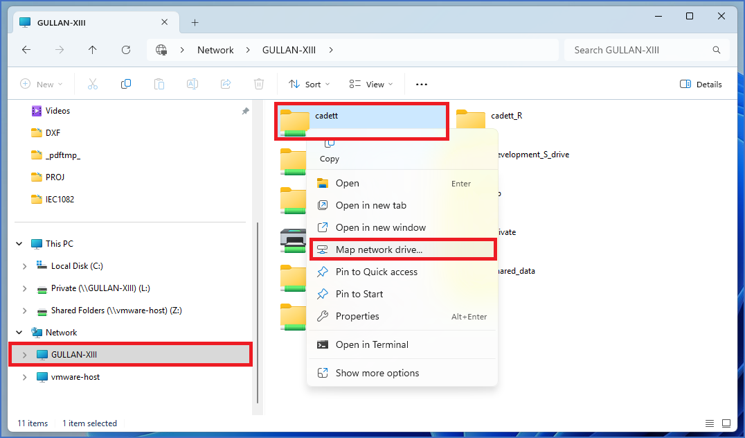 Figure 2371: &nbsp;Here, the "Windows File Explorer" is used to map drive letter "X:" to a resource named "cadett" that is shared from a server named "GULLAN-XIII".
