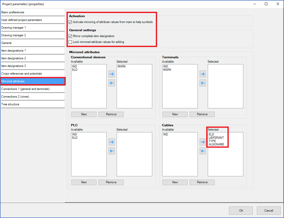 Figure 1257: &nbsp;Project parameters for attribute mirroring of electrical data. manufacturer, type number, and numbering algorithm.