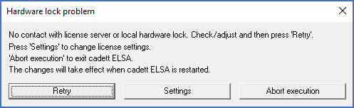 Figure 2393: This dialogue box is shown when no contact with a license server or a hardware lock can be made. Figure 2393: This dialogue box is shown when no contact with a license server or a hardware lock can be made.