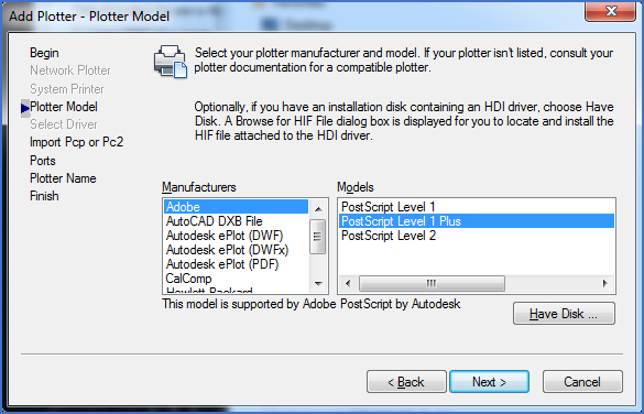 Figure 2607: Select "Adobe" and "PostScript Level 1 Plus".