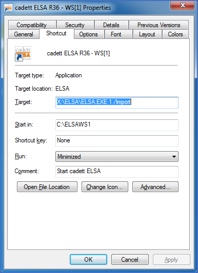 Figure 2419: &nbsp;Shortcut modified to start cadett ELSA in import only mode