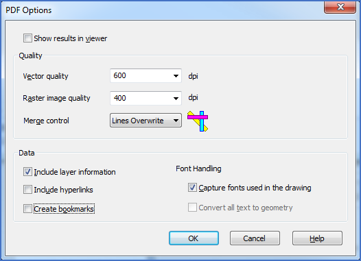 Figure 2596: This dialogue is used in AutoCAD 2016 and newer. Uncheck both "Show results in viewer" and "Create bookmarks". Unchecking "Include layer information" is also recommended.