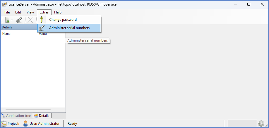 Figure 2423: To add licenses, please select the “Administer serial numbers” command in the “Extras” pull-down menu. Figure 2423: To add licenses, please select the “Administer serial numbers” command in the “Extras” pull-down menu.
