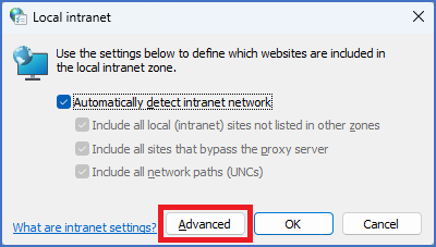 Figure 2400: &nbsp;In the "Local intranet" dialogue box, please click the "Advanced" button.