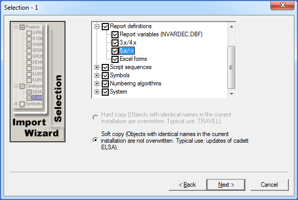 Figure 2547: &nbsp; Selection for import of Report definitions, Report variables and Excel forms