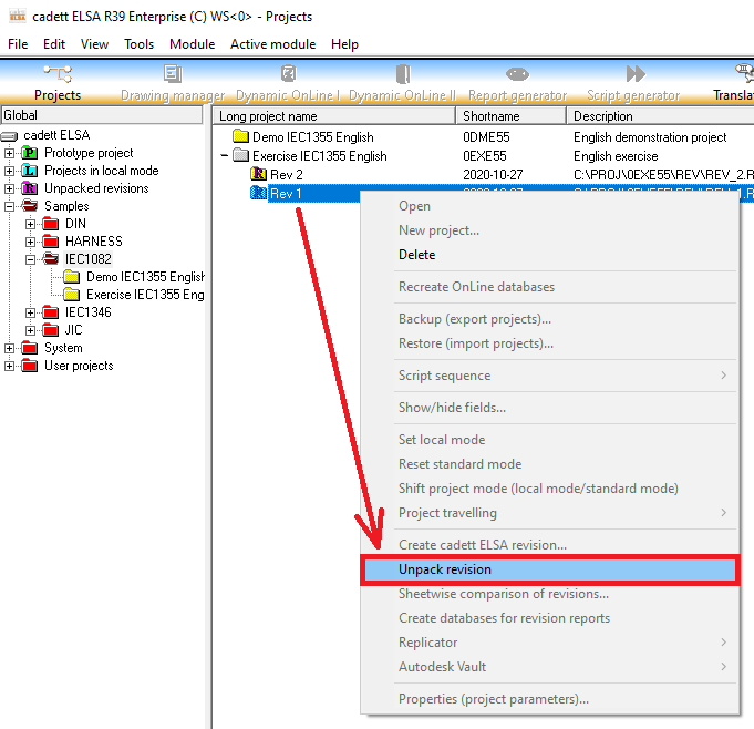 Figure 1463:  A revision can be unpacked using the Unpack revision command in the context menu (right-click menu).