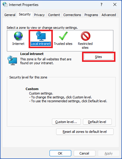 Figure 2399: &nbsp;Activate the "Security" tab, select "Local intranet", and then click the "Sites" button.