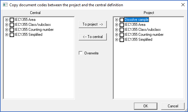 Figure 622:  The dialogue box used to copy document codes both ways between the project and the central definition. In this case the DCC and PLANT trees are not yet available centrally. After copying them they will however be that.