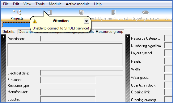 Figure 2393: &nbsp;Error message in the Catalogue caused by failed Spider communication