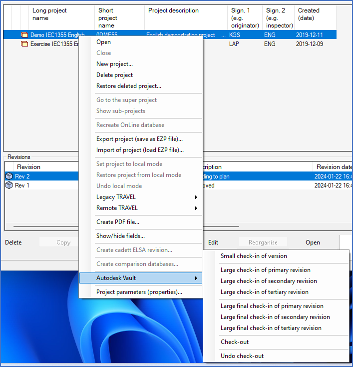 Figure 97:  The Autodesk Vault sub-menu of the context menu in the detailed projects list