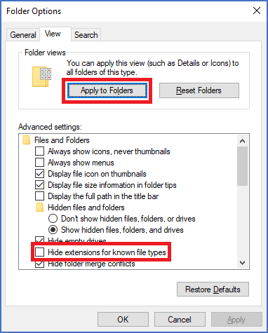 Figure 690:  Configuring the File Explorer NOT to hide extensions for known file types