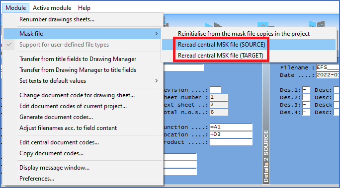 Figure 671:  The two "Reread central MSK file" commands are located in the "Mask file" sub-menu of the "Tools" pull-down menu