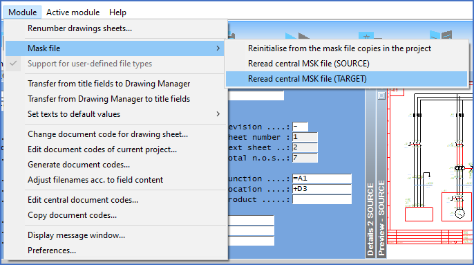 Figure 558:  The "Reread central MSK file (TARGET)" command is located in a sub-menu of the "Module" pull-down menu.