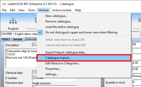 Figure 1444:  The "Catalogue import..." feature is started from the "Module" pull-down menu.
