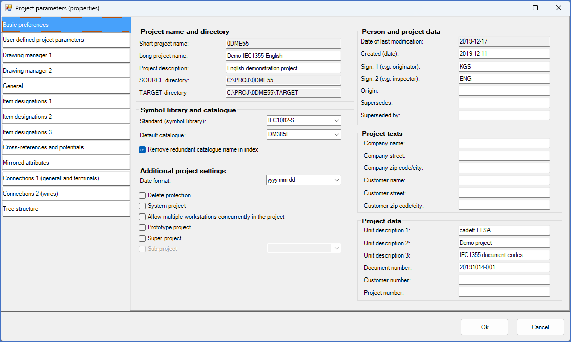 Figure 60:  The dialogue box that is used to view and edit the project parameters
