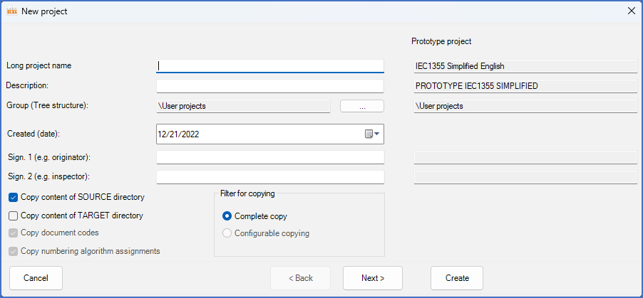 Figure 63:  The dialogue box that is used to create new projects