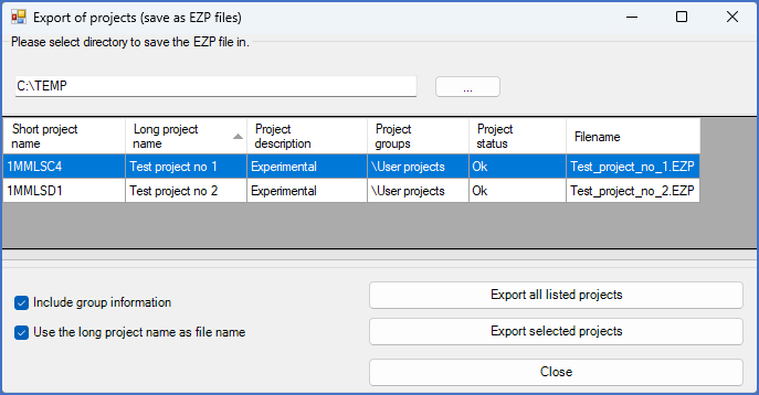 Figure 166:  Export of projects (save as EZP files) Figure 166:  Export of projects (save as EZP files)