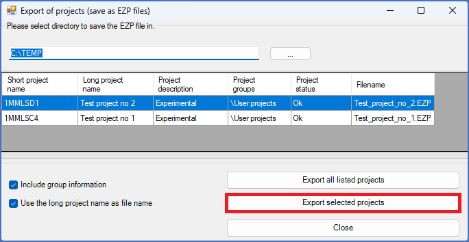 Figure 171:  In this example, only the selected project will be exported, despite the fact that the list contains another project as well.
