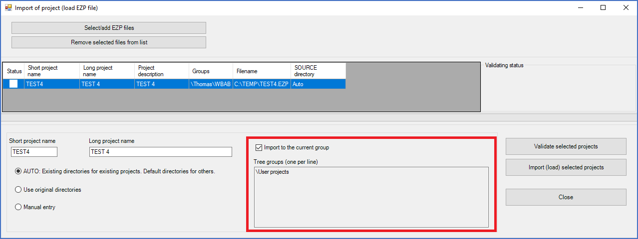 Figure 184:  The "Import to the current group" check-box controls the default choice of groups to place the selected project in.