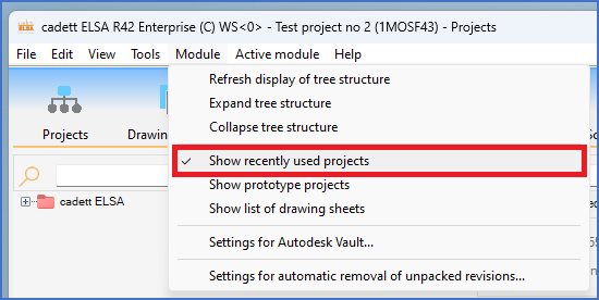 Figure 158:  The "Show recently used projects" command
