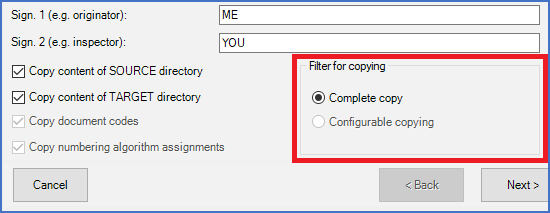 Figure 140:  In cadett ELSA R42.0.1.4, the only available option is "Complete copy". "Configurable copying" will be added later. 