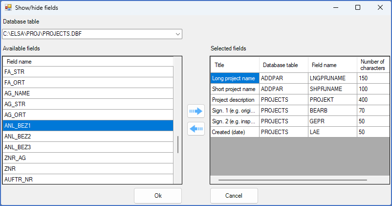 Figure 208:  Begin the process of adding a field to the detailed projects list by selecting a suitable filed in the "Available fields" list.