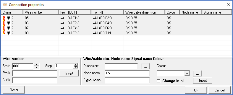 Figure 1153: Four wires have been selected and a new node name ("15") has been typed in the "Node name" field.