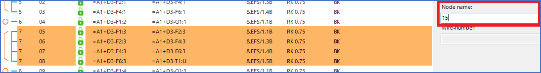 Figure 1752: Four wires have been selected and a new node name ("15") has been typed in the "Node name" field. Figure 1752: Four wires have been selected and a new node name ("15") has been typed in the "Node name" field.