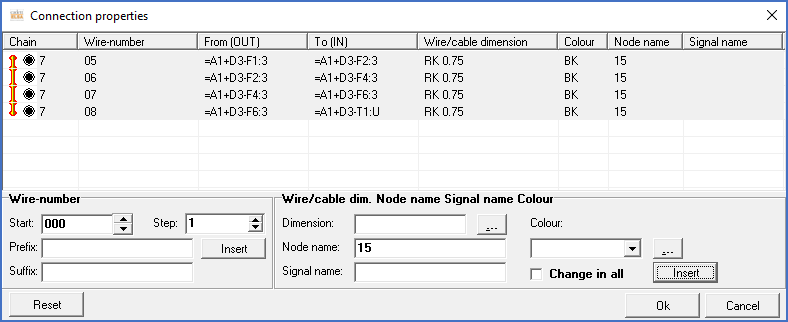 Figure 1154: After pressing the "Insert" button, the specified node name is visible for all four wires in the dialogue box.