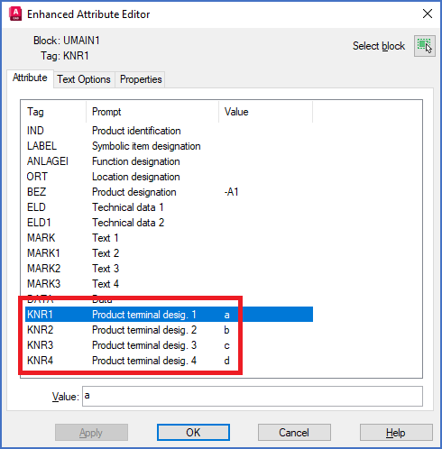 Figure 816: The "Enhanced Attribute Editor" dialogue box is displayed when using the "Extended Attribute Editing" command (CAELEATTEDIT). The prompts are displayed in that dialogue box as well.