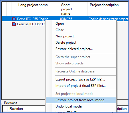 Figure 93: The "Restore project from local mode" command
