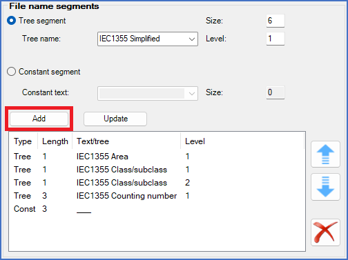 Figure 301:  After specifying the content of a new segment, you click the "Add" button shown here, to add the segment to the file name composition.