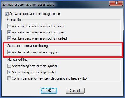 Figure 414:  The "Automatic terminal numbering when copying" parameter in the "Settings for automatic item designations" dialogue box 