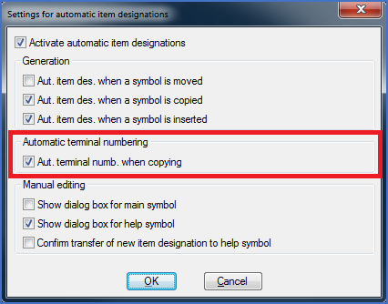 Figure 416: The "Automatic terminal numbering when copying" parameter in the "Settings for automatic item designations" dialogue box Figure 416: The "Automatic terminal numbering when copying" parameter in the "Settings for automatic item designations" dialogue box