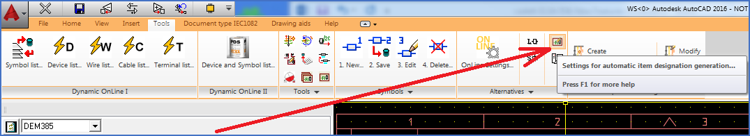 Figure 413:  In the "Tools" tab of the Ribbon menu, you find the "Alternatives" panel, and there the "Settings for automatic item designation generation..." command which displays the dialogue box shown in the next figure.