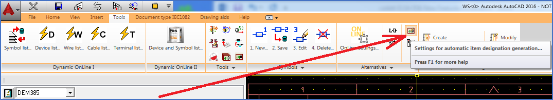 Figure 415: In the "Tools" tab of the Ribbon menu, you find the "Alternatives" panel, and there the "Settings for automatic item designation generation..." command which displays the dialogue box shown in the next figure. Figure 415: In the "Tools" tab of the Ribbon menu, you find the "Alternatives" panel, and there the "Settings for automatic item designation generation..." command which displays the dialogue box shown in the next figure.