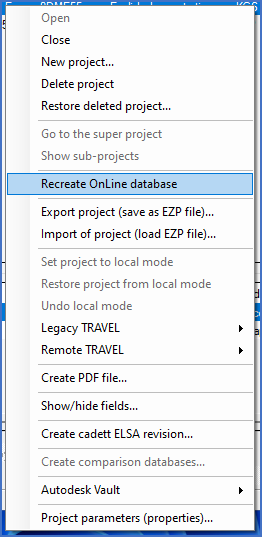 Figure 347: After you have used the "Recreate OnLine databases" command in the context menu, as shown in this figure, the same behaviour as for a new project will ocuur when you open a sheet the next time.