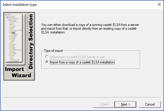 Figure 34:  Firstly you select if you want to import from a copy of a cadett ELSA installation or from a server in use. The former case is typically used for updates, the latter for travelling.
