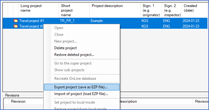 Figure 233:  Select the projects that you are ready with, right-click and select "Export project (save as EZP file)...".