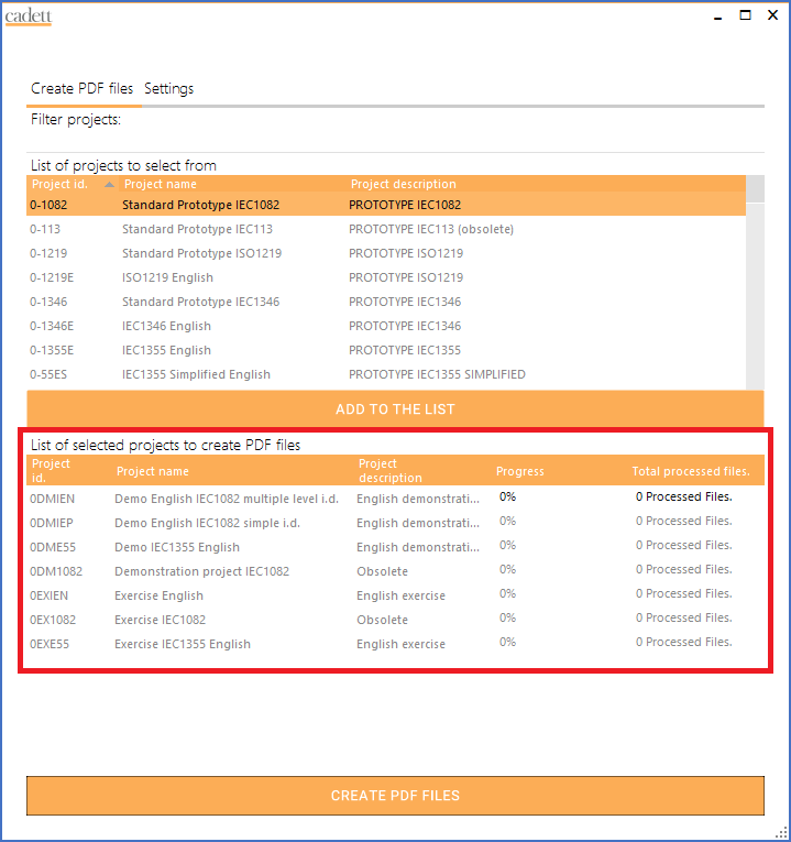 Figure 200:  The "List of selected projects to create PDF files" Figure 200:  The "List of selected projects to create PDF files"