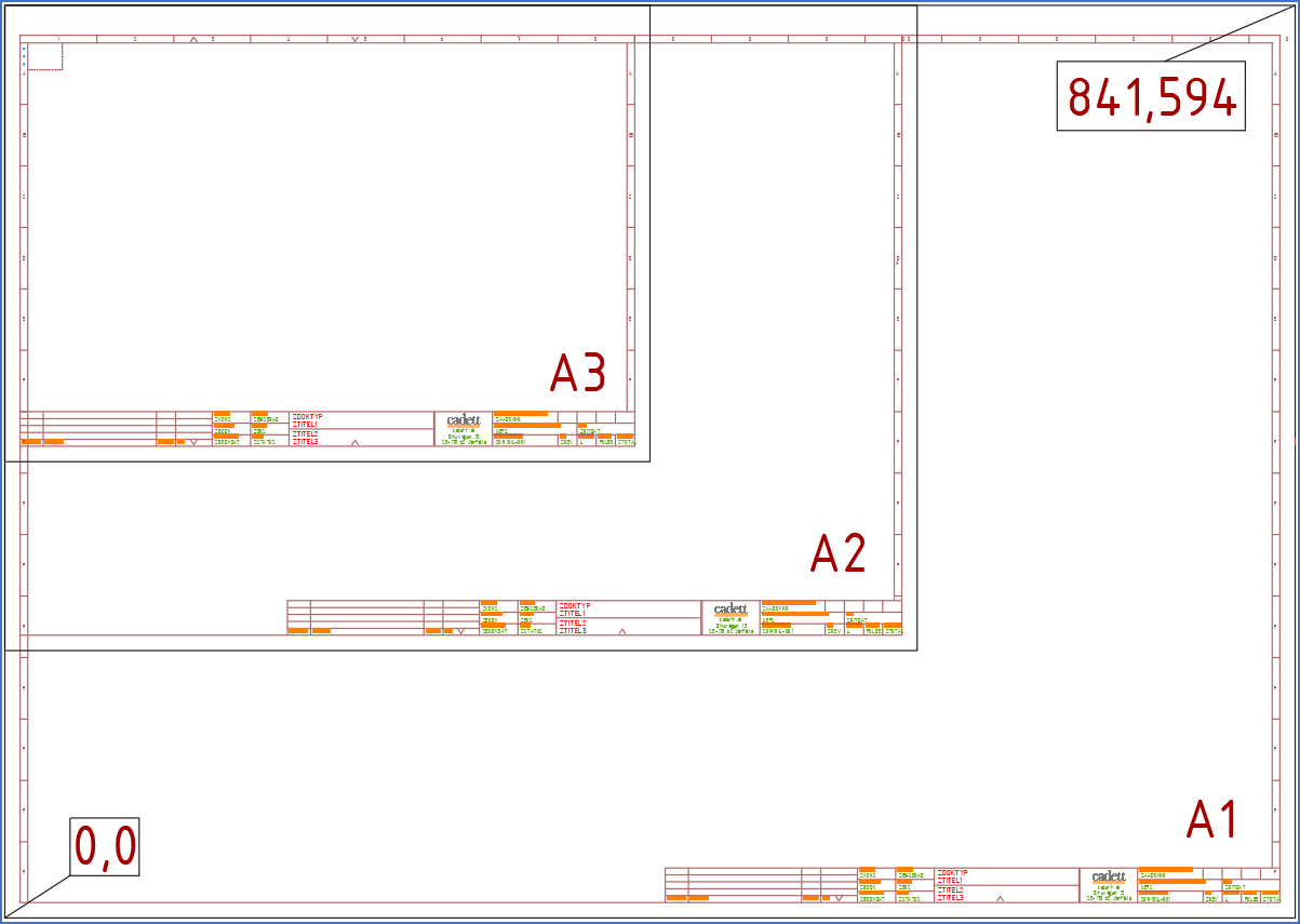 Figure 688:  This figure shows a clever way of having the same start point, column width and row height in three drawing frame sizes, so that they can co-exist in the same project.
