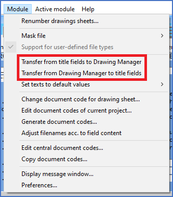 Figure 672:  Two commands are available to force transfer of information between the Drawing Manager and the title fields, one for each direction.