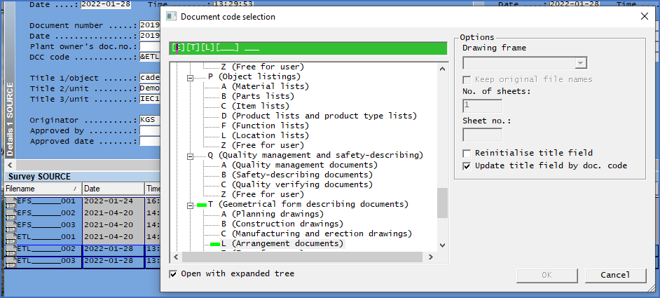 Figure 647:  The user has selected two sheets and then given the command "Change document code for drawing sheet...". The dialogue makes it possible to choose other document codes.