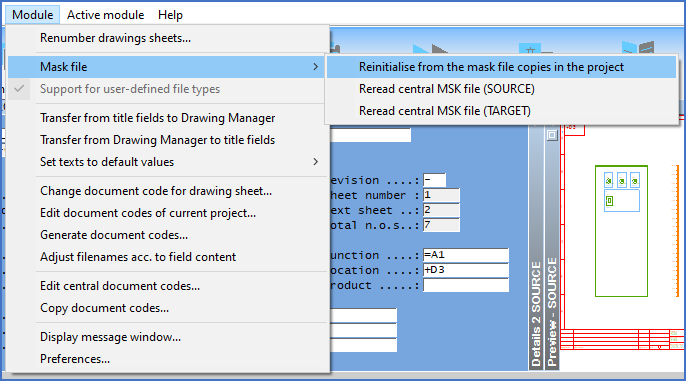 Figure 557:  The "Reinitialise from the mask file copies in the project" command is located in a sub-menu of the "Module" pull-down menu.
