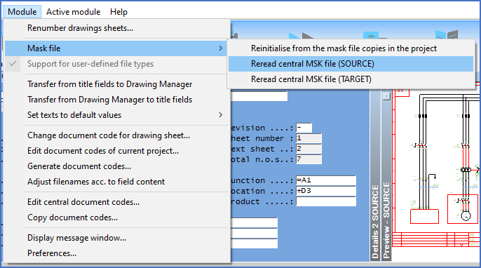 Figure 558:  The "Reread central MSK file (SOURCE)" command is located in a sub-menu of the "Module" pull-down menu.