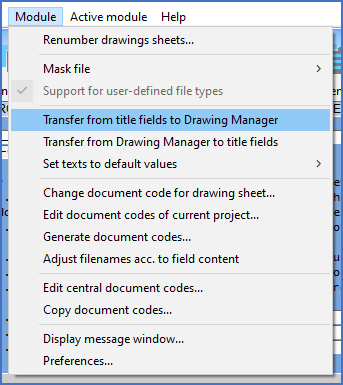 Figure 561:  The "Transfer from title fields to Drawing Manager" command