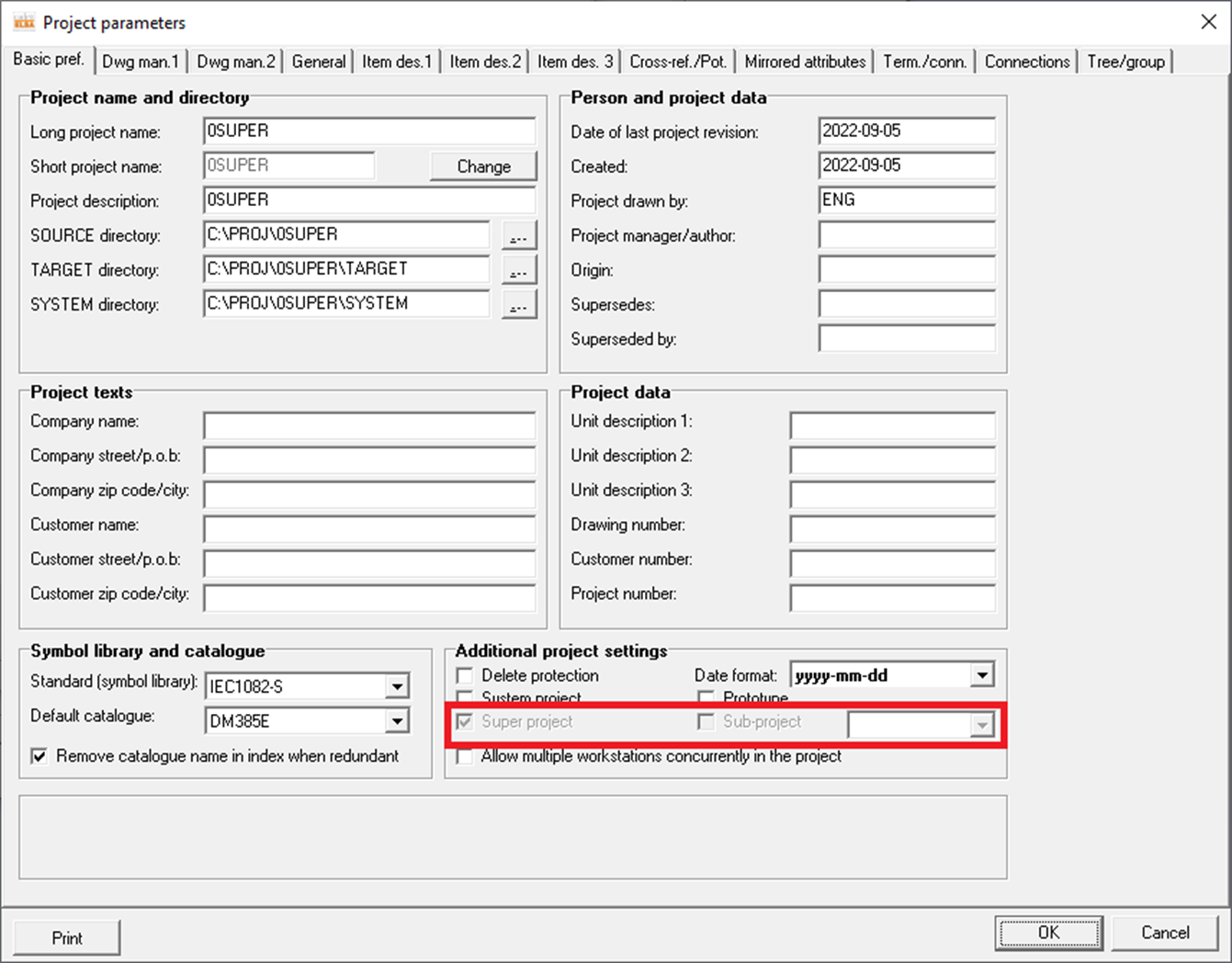 Figure 1485:  Parameters for management of super projects are found in the lower right part of the ”Basic preferences” tab of the ”Project parameters” dialogue box. 