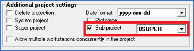 Figure 1488:  A project is turned into a sub-project by checking the "Sub-project" checkbox and selecting which super project the sub-project should belong to. 