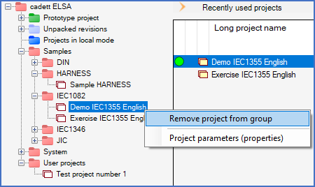 Figure 78:  The tree structure context menu when applied to a project