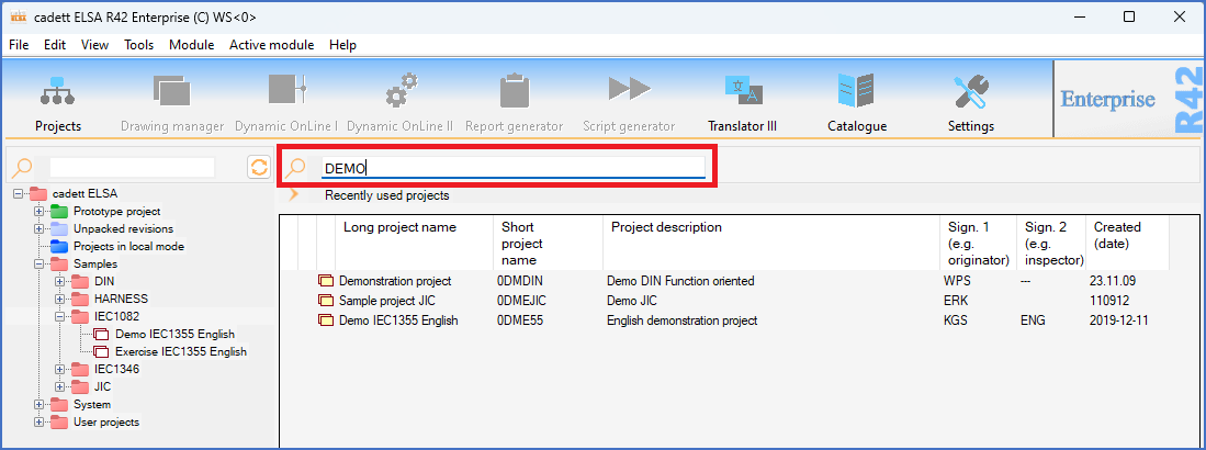 Figure 73:  The search field above the detailed projects list is used to perform a free text search in "Long project name", "Short project name", and "Project description".